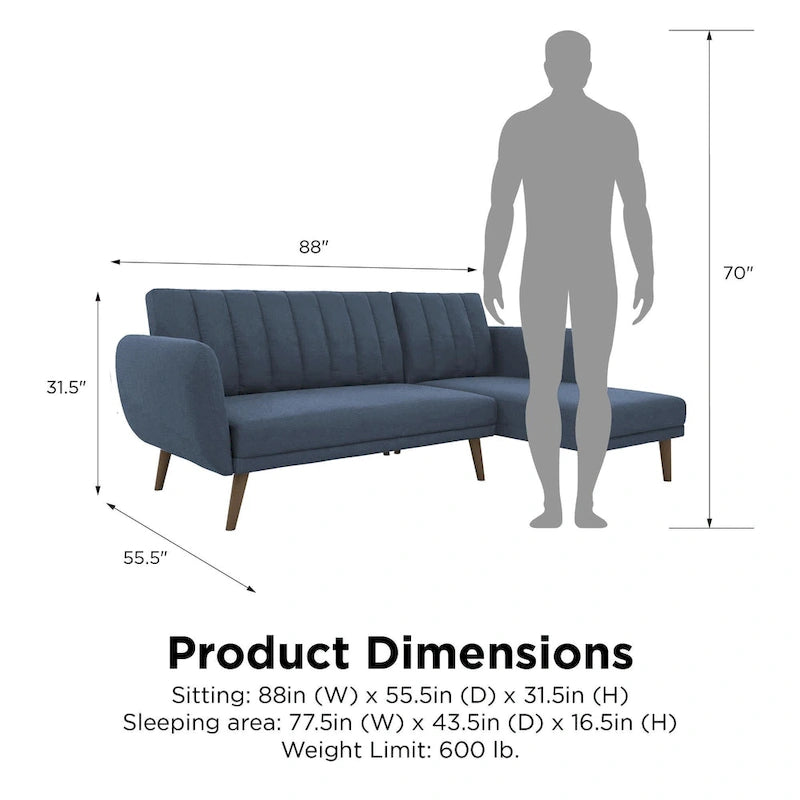 Sofá Futón Seccional de Lino con Chaise Reversible, Asientos para 2–3 (Verde / Gris Claro / Azul)