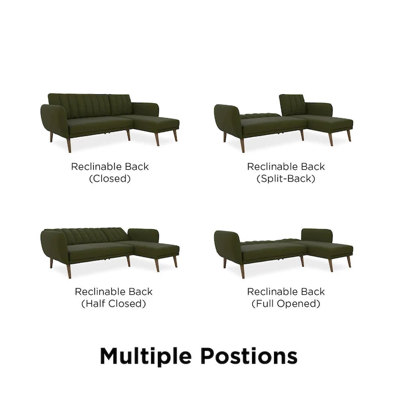 Sofá Futón Seccional de Lino con Chaise Reversible, Asientos para 2–3 (Verde / Gris Claro / Azul)