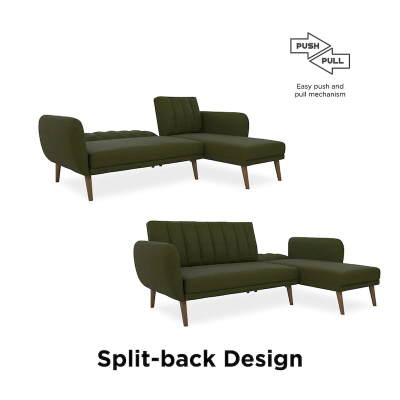 Sofá Futón Seccional de Lino con Chaise Reversible, Asientos para 2–3 (Verde / Gris Claro / Azul)