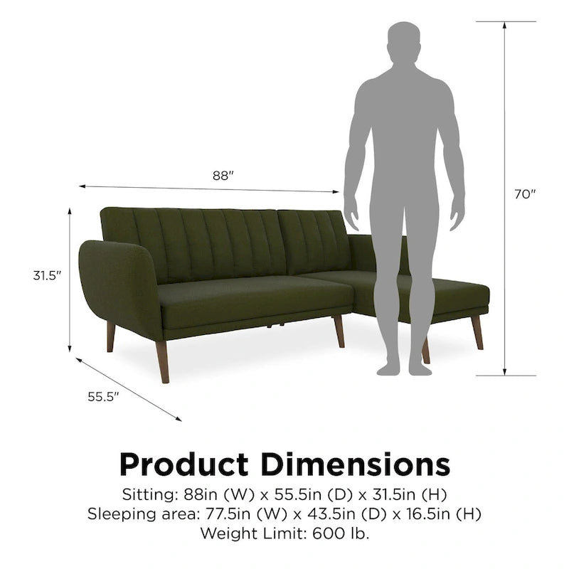 Sofá Futón Seccional de Lino con Chaise Reversible, Asientos para 2–3 (Verde / Gris Claro / Azul)