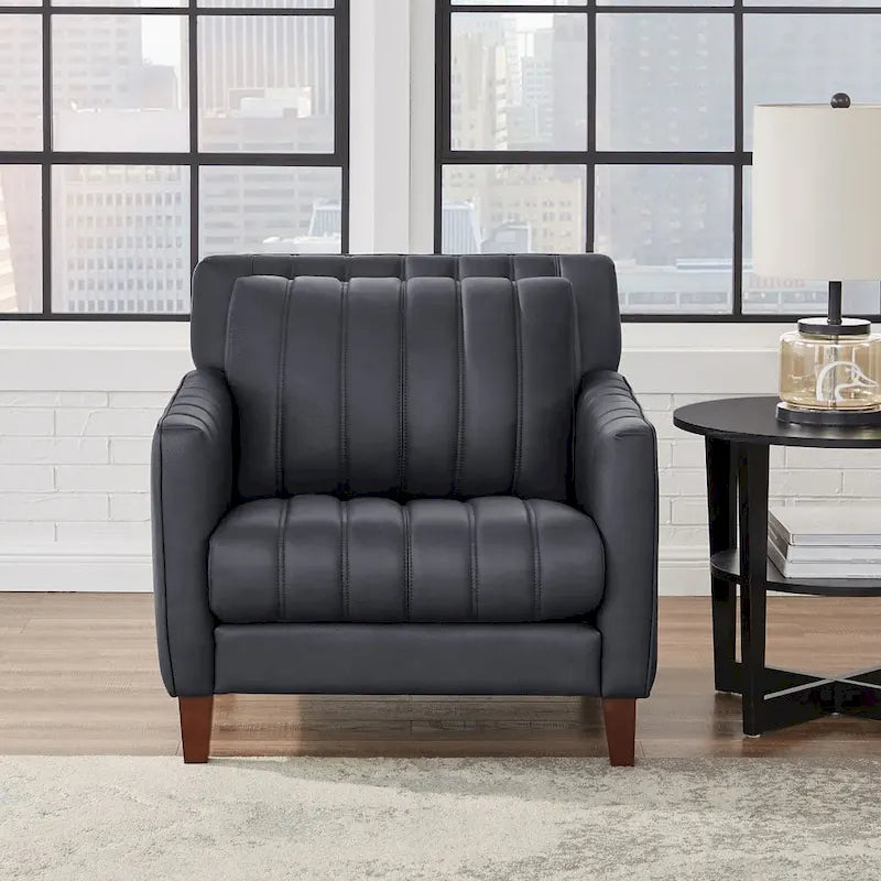 Sillón decorativo de cuero acanalado Chocolate/Azul noche – 1 plaza