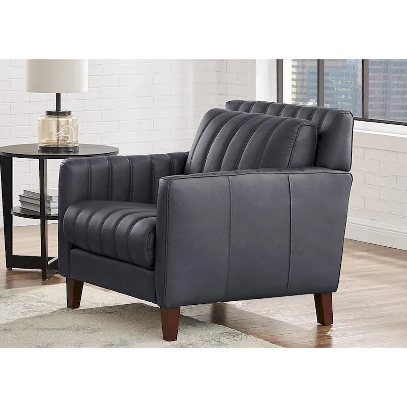 Sillón decorativo de cuero acanalado Chocolate/Azul noche – 1 plaza