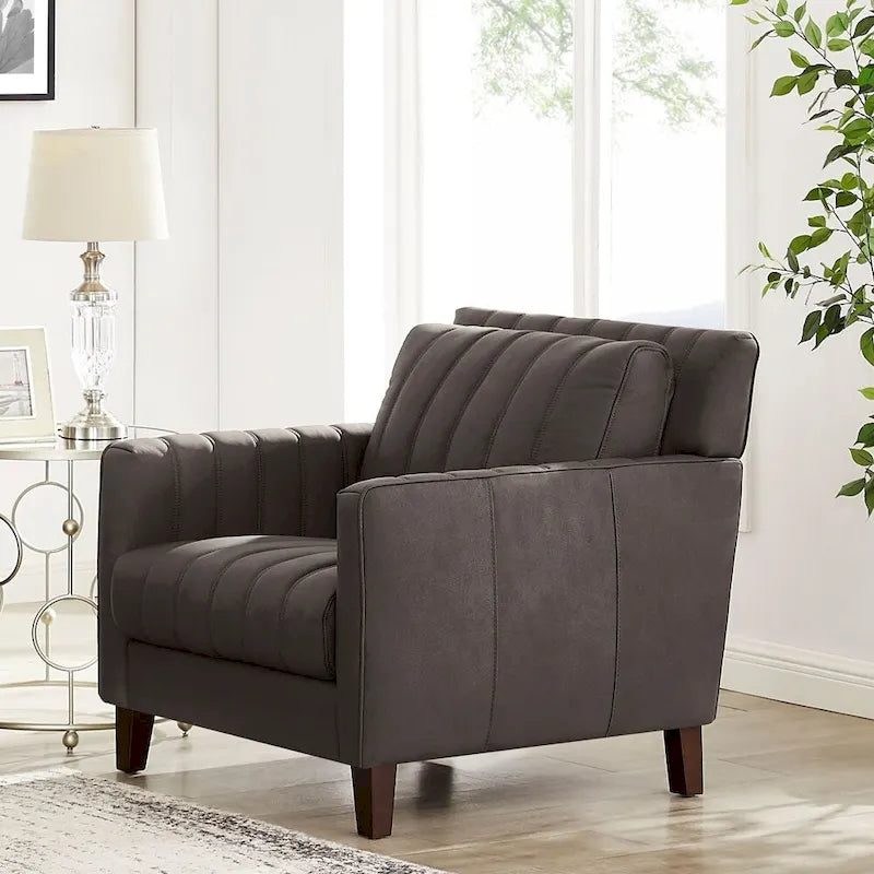 Sillón decorativo de cuero acanalado Chocolate/Azul noche – 1 plaza