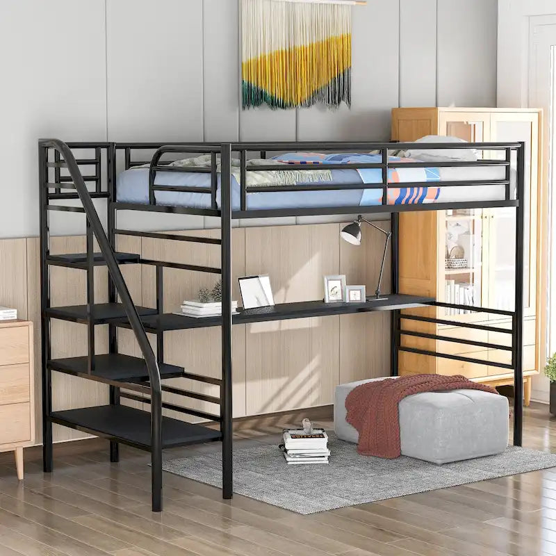 Cama alta doble de metal negro con escritorio, 1 persona