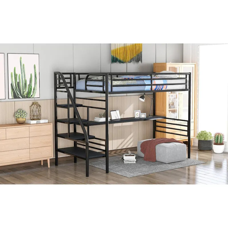 Cama alta doble de metal negro con escritorio, 1 persona