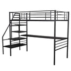 Cama alta doble de metal negro con escritorio, 1 persona