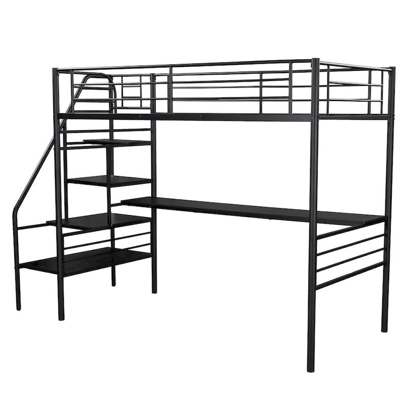 Cama alta doble de metal negro con escritorio, 1 persona