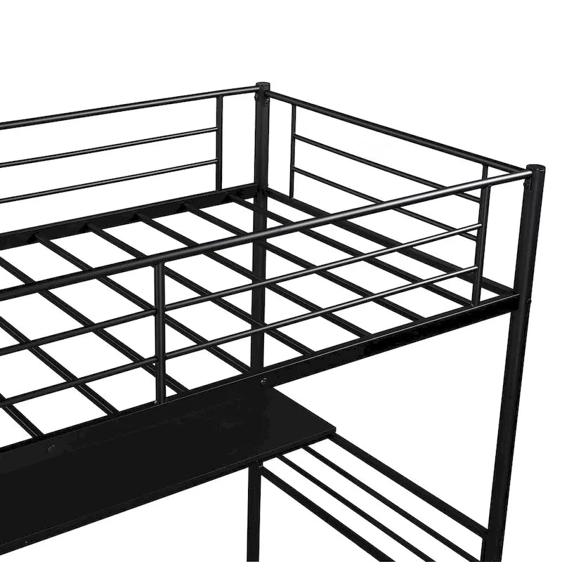 Cama alta doble de metal negro con escritorio, 1 persona