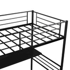 Cama alta doble de metal negro con escritorio, 1 persona