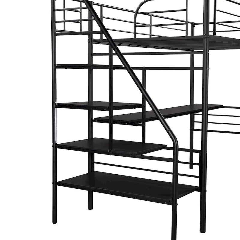 Cama alta doble de metal negro con escritorio, 1 persona