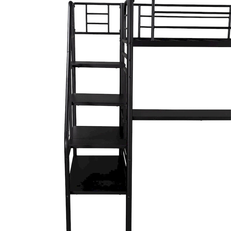 Cama alta doble de metal negro con escritorio, 1 persona