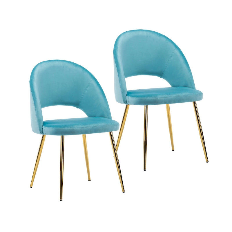 Sillas de comedor sin brazos de terciopelo gris/verde/rosa/aguamarina con patas en tono dorado, juego de 2