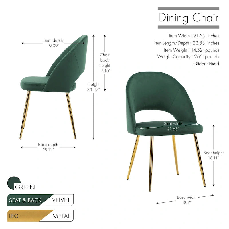 Sillas de comedor sin brazos de terciopelo gris/verde/rosa/aguamarina con patas en tono dorado, juego de 2