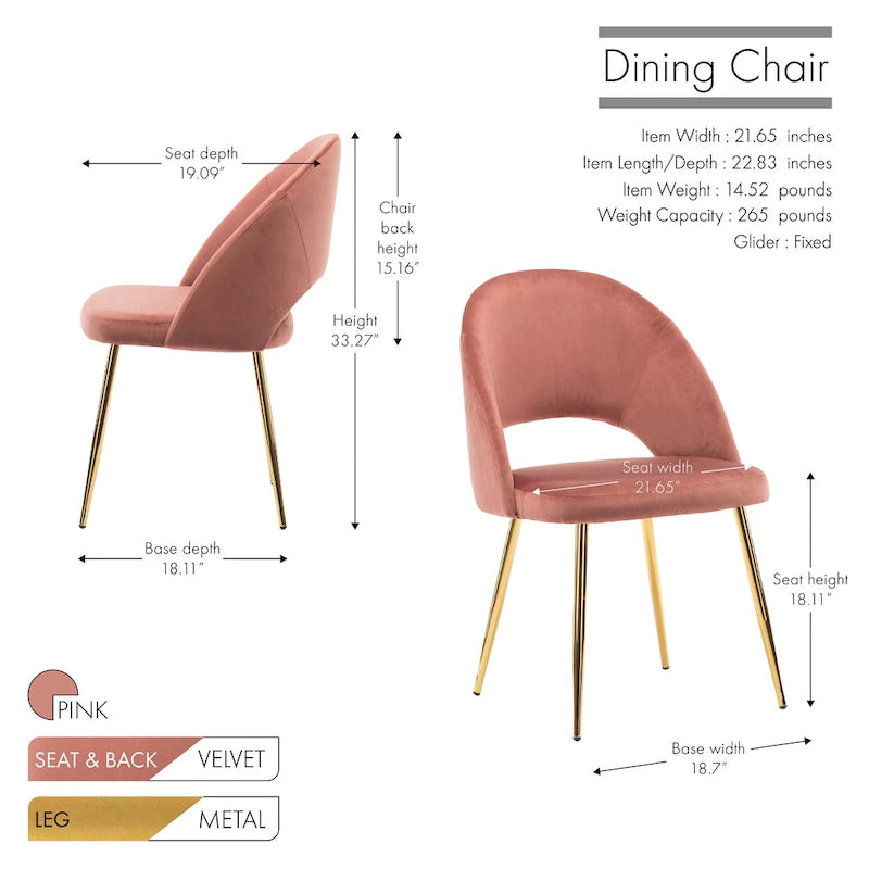 Sillas de comedor sin brazos de terciopelo gris/verde/rosa/aguamarina con patas en tono dorado, juego de 2