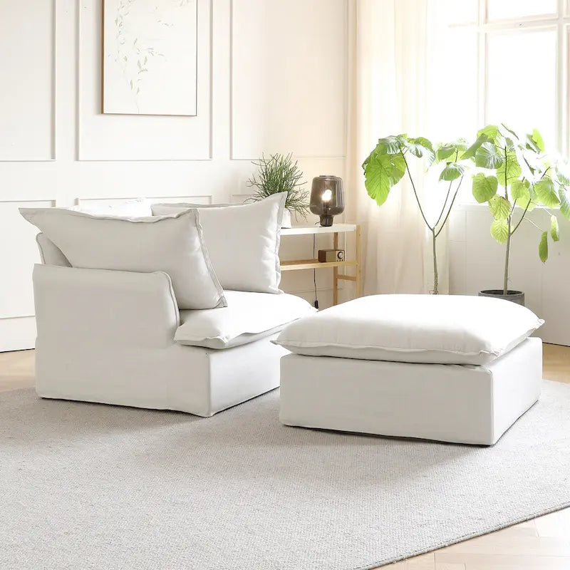Puf otomano cuadrado tapizado, asiento individual, blanco/beige/negro