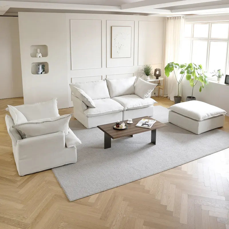 Puf otomano cuadrado tapizado, asiento individual, blanco/beige/negro
