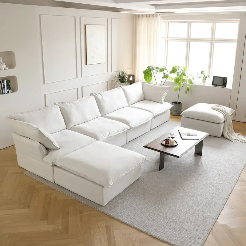 Puf otomano cuadrado tapizado, asiento individual, blanco/beige/negro