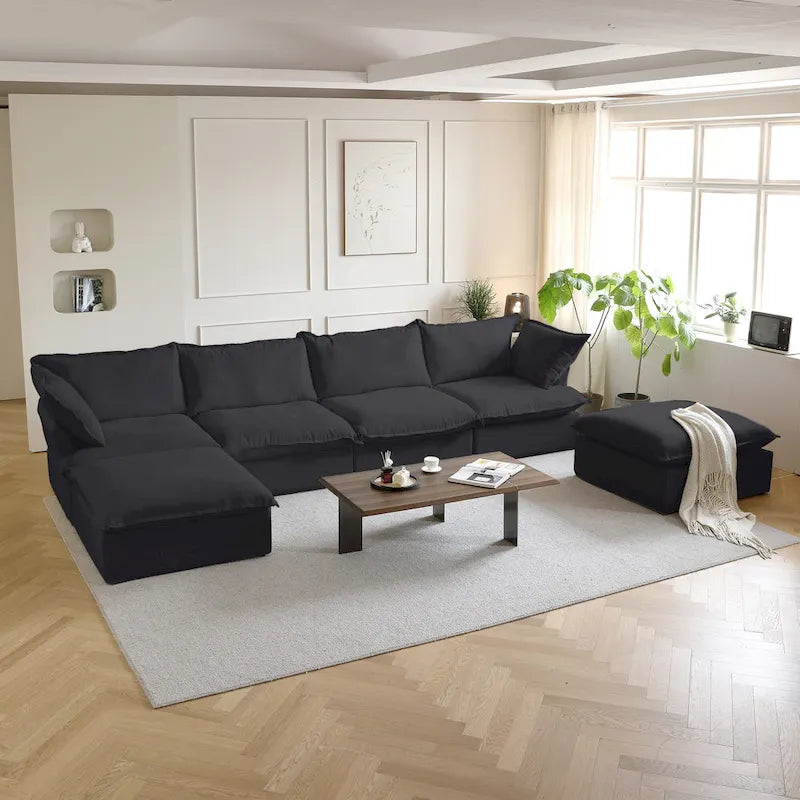 Puf otomano cuadrado tapizado, asiento individual, blanco/beige/negro
