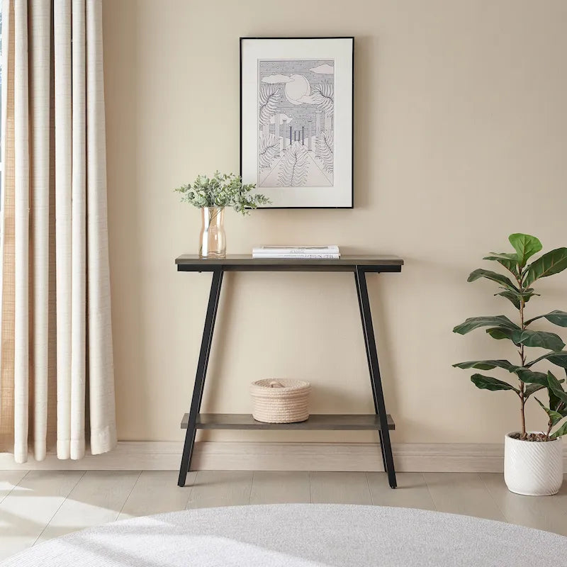 Mesa consola de recibidor de metal mixto (bronce, blanco y gris) y madera, estilo inclinado