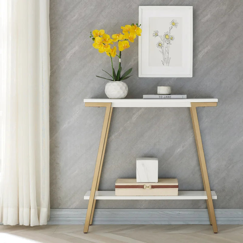 Mesa consola de recibidor de metal mixto (bronce, blanco y gris) y madera, estilo inclinado
