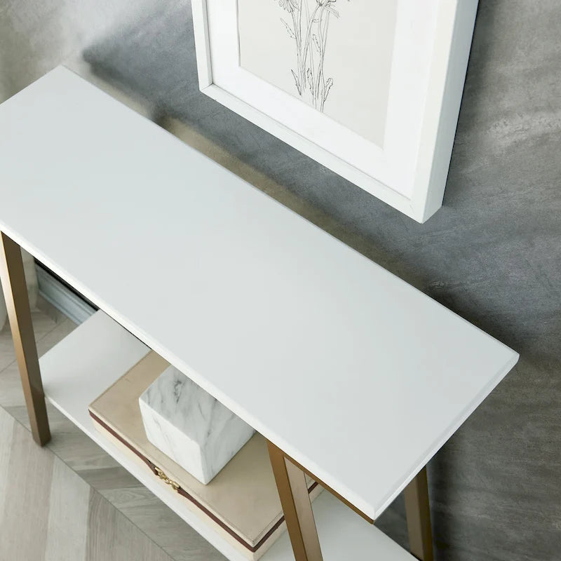 Mesa consola de recibidor de metal mixto (bronce, blanco y gris) y madera, estilo inclinado