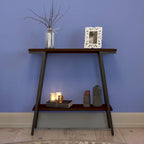Mesa consola de recibidor de metal mixto (bronce, blanco y gris) y madera, estilo inclinado