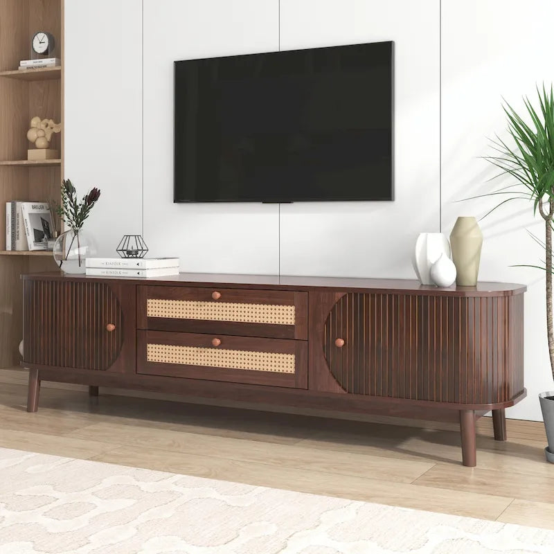 Mueble de TV de ratán marrón/natural con almacenamiento, apto para televisores de hasta 75"
