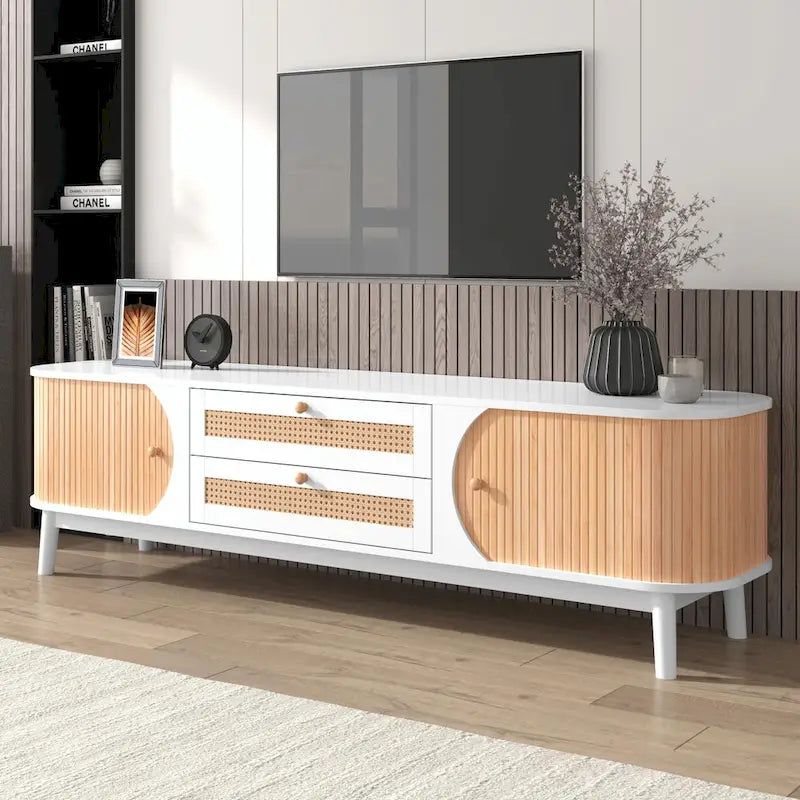 Mueble de TV de ratán marrón/natural con almacenamiento, apto para televisores de hasta 75"