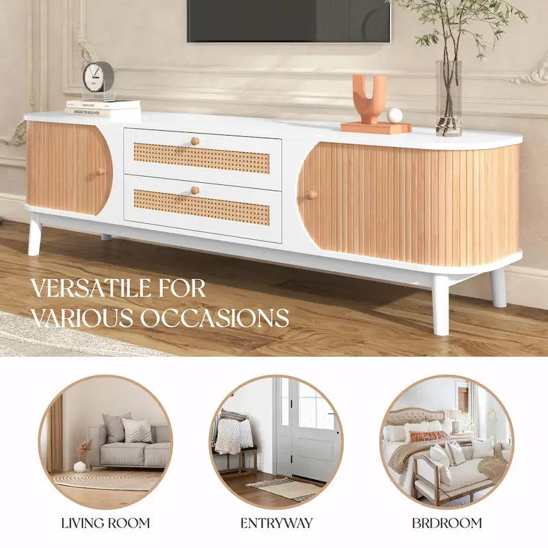 Mueble de TV de ratán marrón/natural con almacenamiento, apto para televisores de hasta 75"