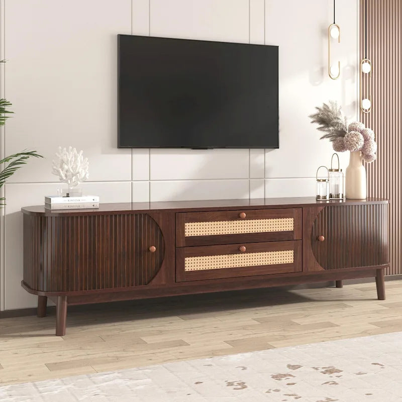 Mueble de TV de ratán marrón/natural con almacenamiento, apto para televisores de hasta 75"