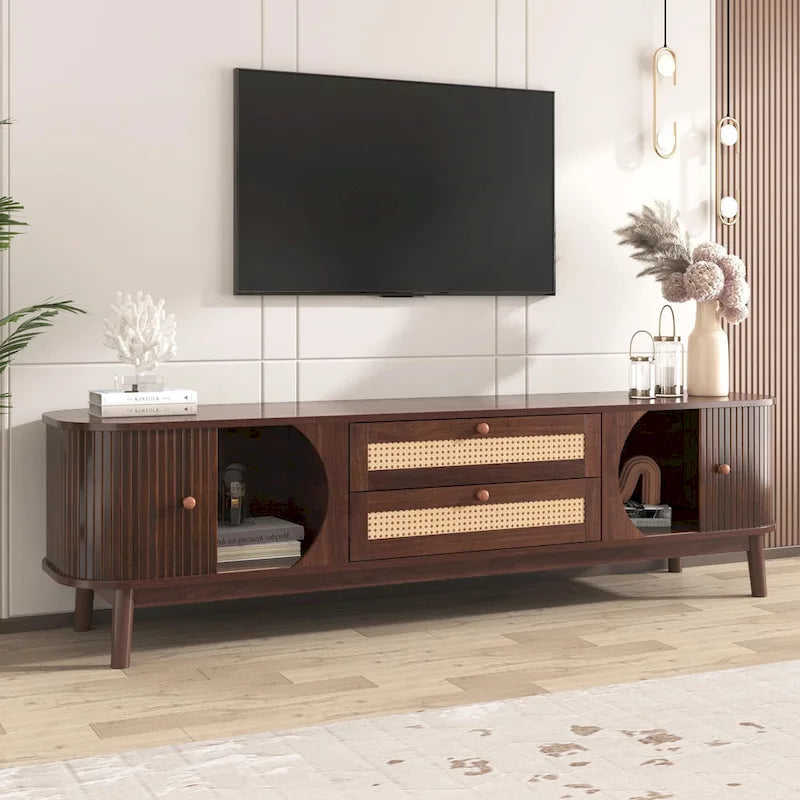 Mueble de TV de ratán marrón/natural con almacenamiento, apto para televisores de hasta 75"