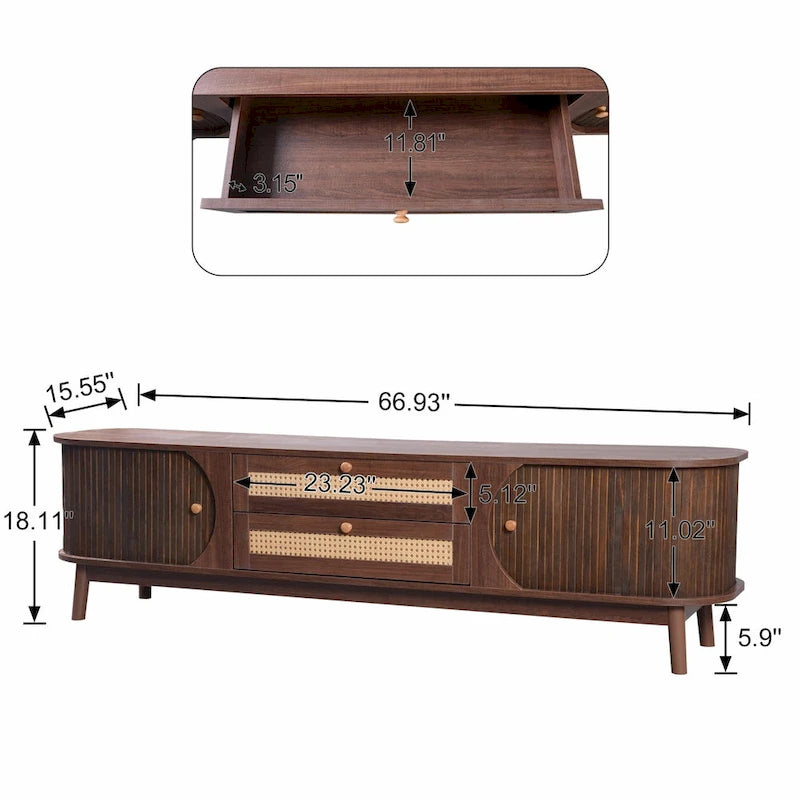 Mueble de TV de ratán marrón/natural con almacenamiento, apto para televisores de hasta 75"