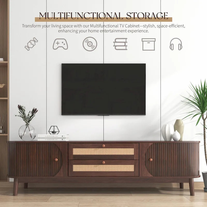 Mueble de TV de ratán marrón/natural con almacenamiento, apto para televisores de hasta 75"