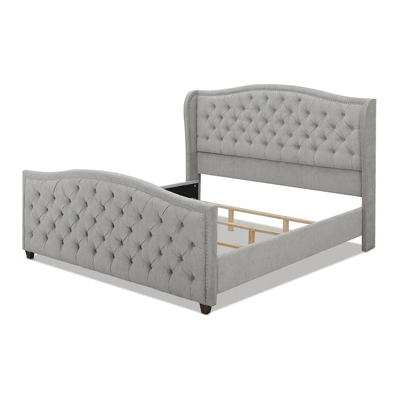 Cama con panel tapizado gris, con capitoné, para 2 personas, Queen/King/Cal-King