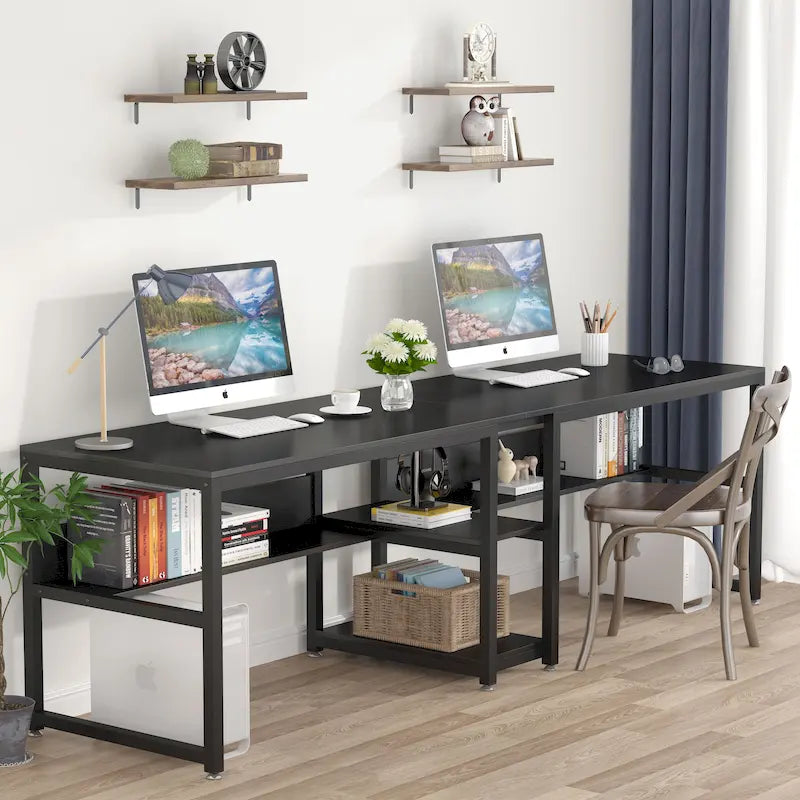 Escritorio doble marrón/negro/blanco con estantería, para 2 personas, 199.9 cm