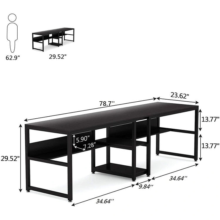 Escritorio doble marrón/negro/blanco con estantería, para 2 personas, 199.9 cm