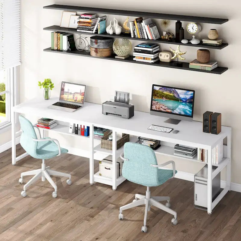 Escritorio doble marrón/negro/blanco con estantería, para 2 personas, 199.9 cm