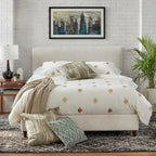 Cama Queen tapizada en crema/gris/rosa/azul – Lino y Chenilla