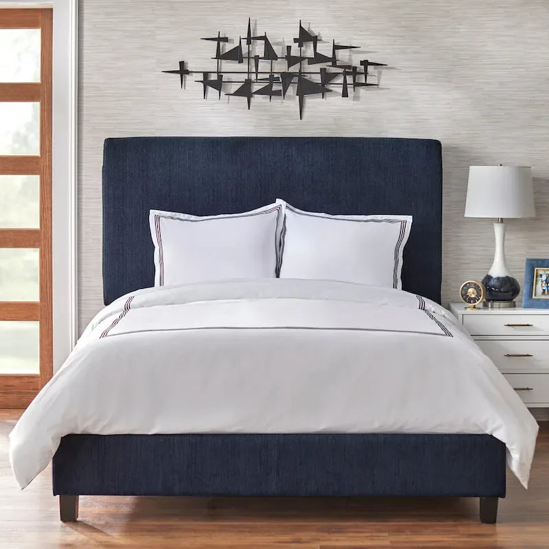 Cama Queen tapizada en crema/gris/rosa/azul – Lino y Chenilla