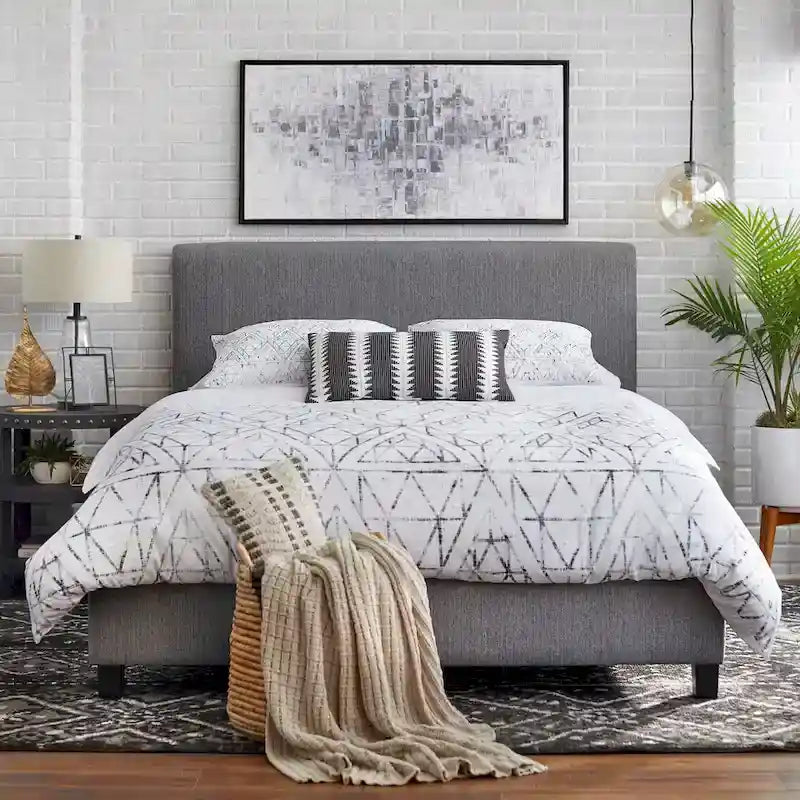 Cama Queen tapizada en crema/gris/rosa/azul – Lino y Chenilla