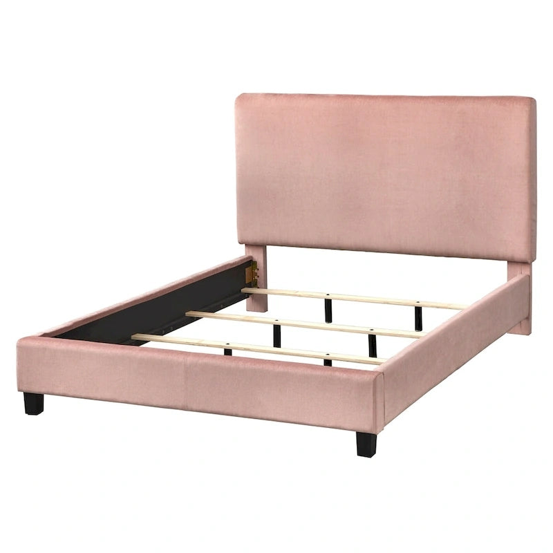 Cama Queen tapizada en crema/gris/rosa/azul – Lino y Chenilla