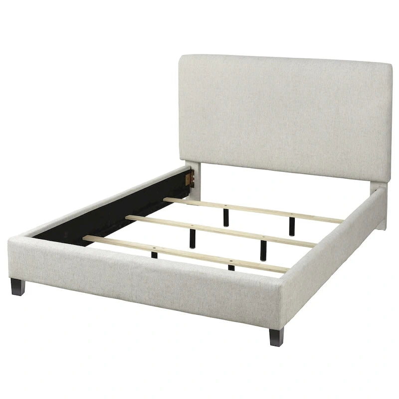 Cama Queen tapizada en crema/gris/rosa/azul – Lino y Chenilla