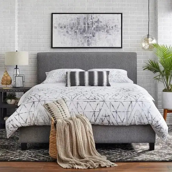 Cama Queen tapizada en crema/gris/rosa/azul – Lino y Chenilla