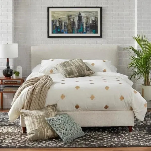 Cama Queen tapizada en crema/gris/rosa/azul – Lino y Chenilla