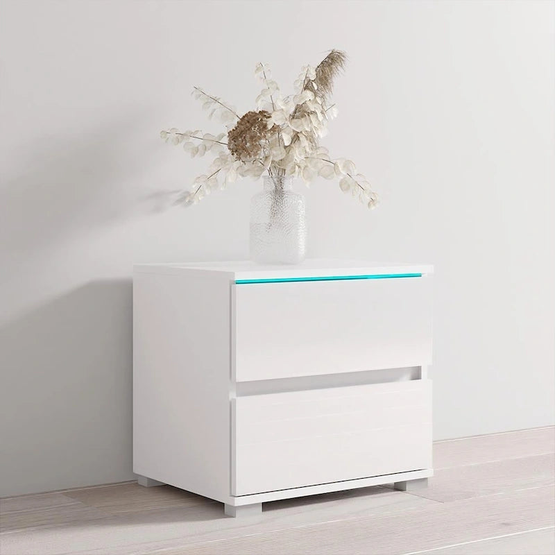 Mesa de Noche de Alto Brillo Negra / Gris / Blanca con Luces LED – 1 Cajón, 1 Persona