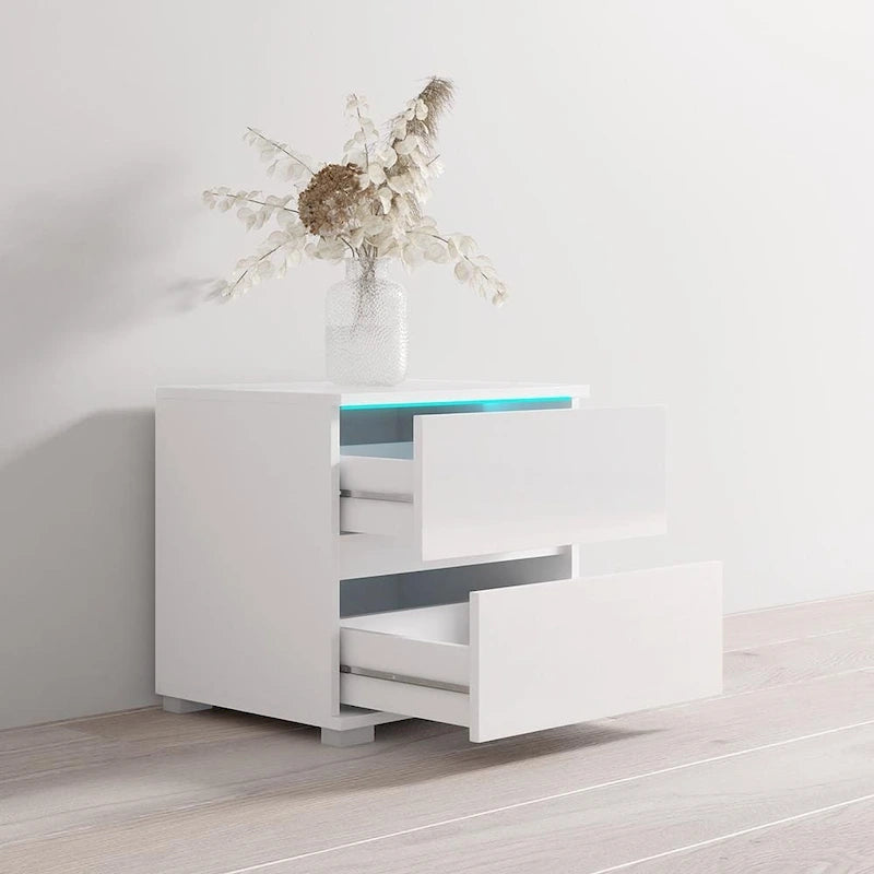 Mesa de Noche de Alto Brillo Negra / Gris / Blanca con Luces LED – 1 Cajón, 1 Persona