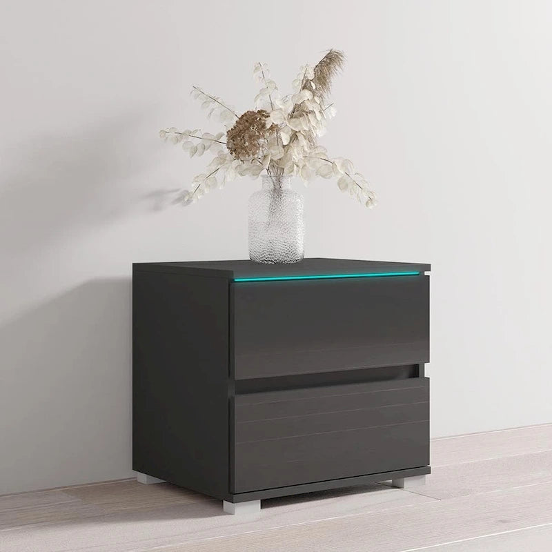 Mesa de Noche de Alto Brillo Negra / Gris / Blanca con Luces LED – 1 Cajón, 1 Persona