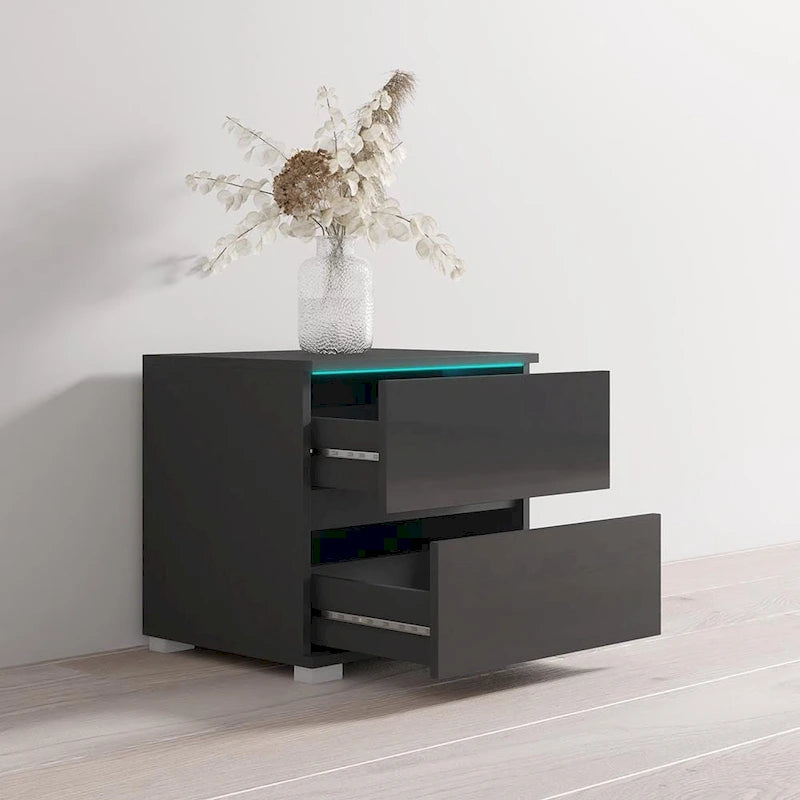 Mesa de Noche de Alto Brillo Negra / Gris / Blanca con Luces LED – 1 Cajón, 1 Persona