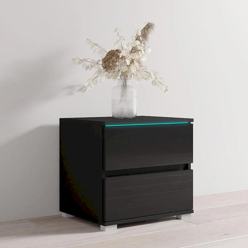 Mesa de Noche de Alto Brillo Negra / Gris / Blanca con Luces LED – 1 Cajón, 1 Persona
