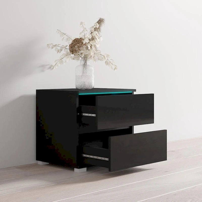 Mesa de Noche de Alto Brillo Negra / Gris / Blanca con Luces LED – 1 Cajón, 1 Persona